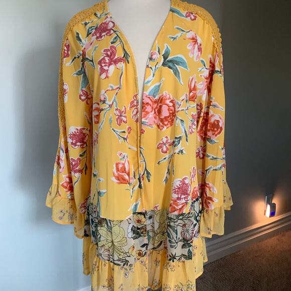 EUC Adorable Yellow Floral Multi Multi-Use Beach Swim Cover Up Kimono One Size - Picture 2 of 4